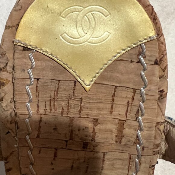 CHANEL Resort Cork Wedges Blue Striped Yellow CC Ankle Strap Shoes 36 6 - Picture 14 of 16